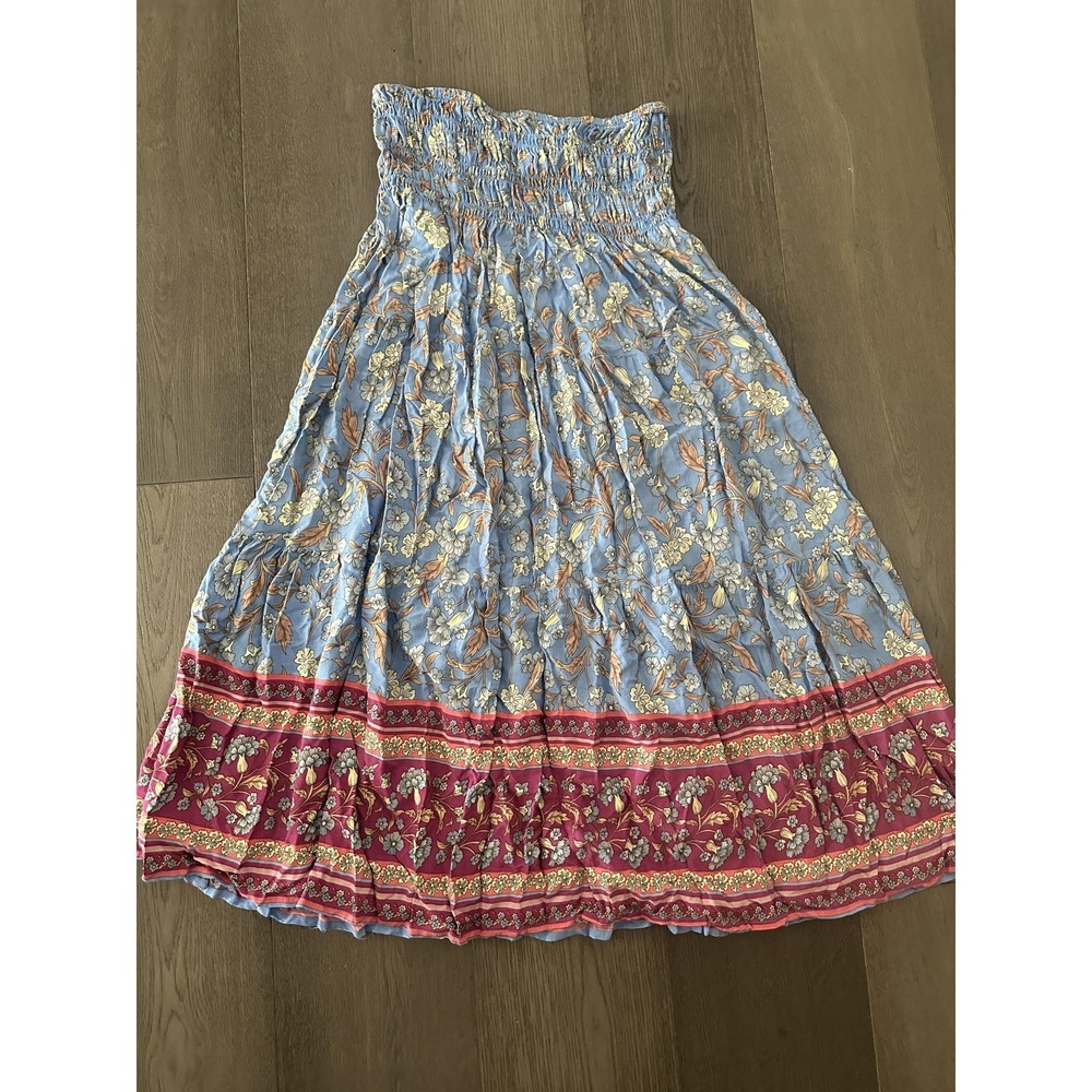 Fashion Skirt Womens Medium Blue Pink Floral Bohemian Maxi Smocked Waist Viscose